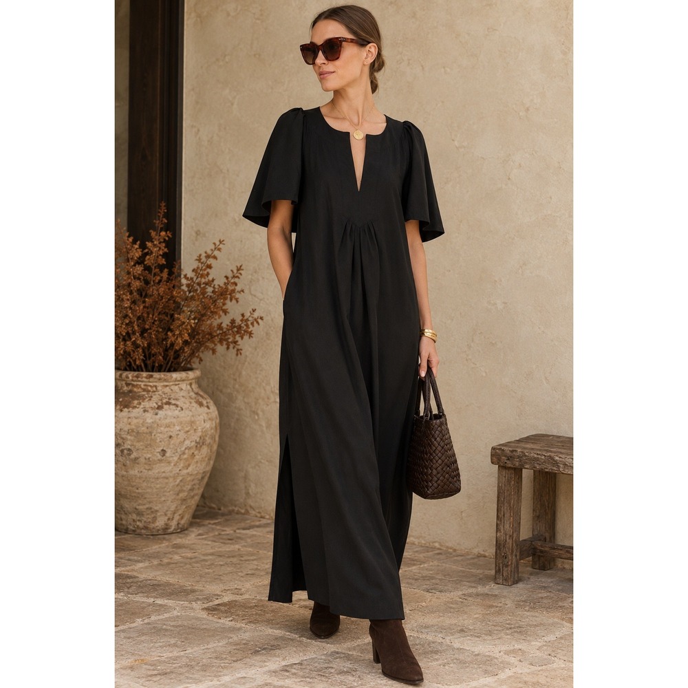 Tuckernuck Pomander Place Finley Black Flutter Sleeve Maxi Dress (MSRP: $168) L